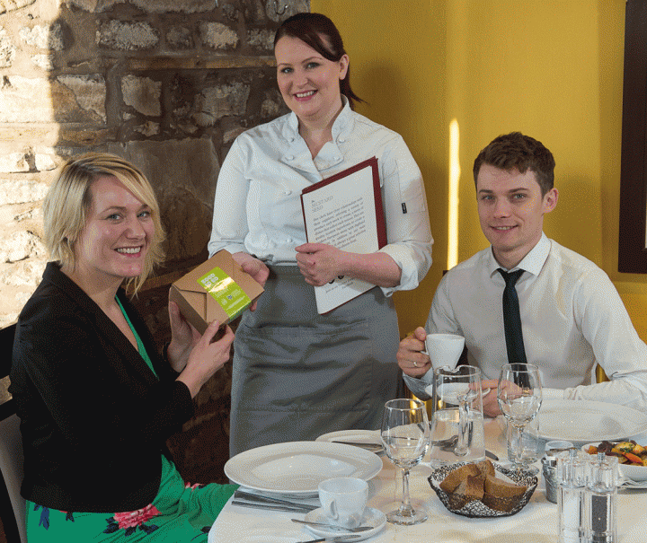 resturant-shotGood-to-Go-Inverness-launch-L-R-Ylva-Haglund-from-Zero-Waste-Scotland-joins-Sarah-Grant-(waitress)-&-Matthew-Bohdaniec-(manager)-at-The-Mustard-Seed,-Inverness-4